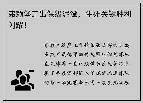 弗赖堡走出保级泥潭，生死关键胜利闪耀！