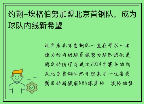 约翾-埃格伯努加盟北京首钢队，成为球队内线新希望